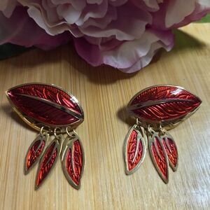 Vintage Edgar Berebi Red Enamel Leaf Post Earrings - Signed